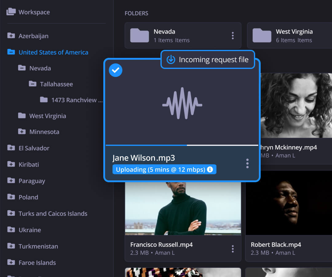 Screen of incoming File Request in Ci Media Cloud UI